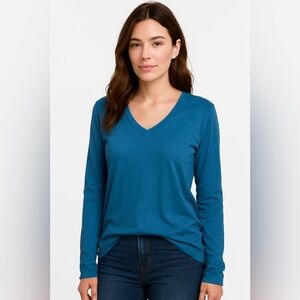 Crossley Women’s Blue Lightweight Cotton Knit Long Sleeve V-Neck Shirt | Size L